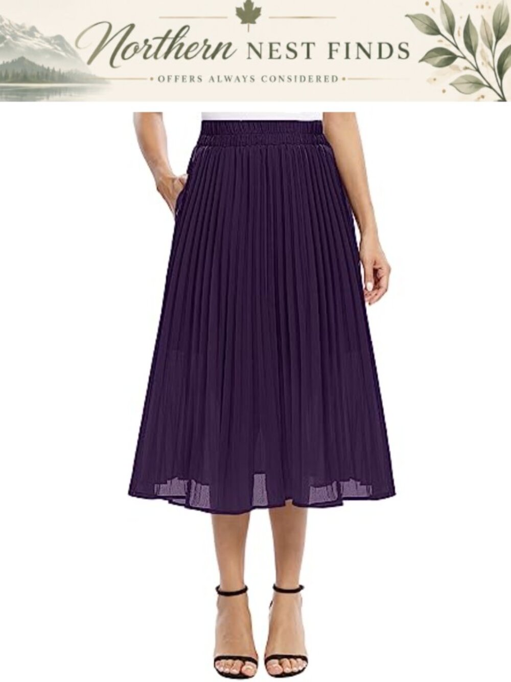 Chiffon Midi Skirt Elastic High Waist A-Line Pleated Swing with Pockets
